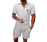 Oanviso Herren Set Casual Floral Hawaiihemd Strandshorts Blumenhemd T-Shirts + Kurze Hose Beach Polo Hemd Strand Surf Shorts Freizeitanzug Trainingsanzug Sommer B Hellgrau M