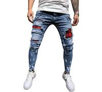 Oanviso Herren Slim Fit Destroyed Jeans Biker Hose Herren Löcher Lang Jeans Denim Hose Vintage Männer Zerrissen Jeanshose Skinny Jeanshosen Bleistifthose Hosen B Dunkelblau L