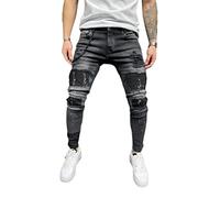 Oanviso Herren Slim Fit Destroyed Jeans Biker Hose Löcher Lang Denim Vintage Männer Zerrissen Jeanshose Skinny Bleistifthose Hosen B1 Schwarz L