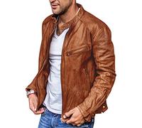 Oanviso Lederjacke für Herren Slim Fit Kunstleder Jacken mit Taschen Frühling PU Leder Jacke mit Stehkragen Freizeit Jacke mit Reißverschluss Casual Biker Jacket Langarm Retro Männer A Braun XXL