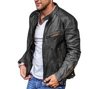 Oanviso Lederjacke für Herren Slim Fit Kunstleder Jacken mit Taschen Frühling PU Leder Jacke mit Stehkragen Freizeit Jacke mit Reißverschluss Casual Biker Jacket Langarm Retro Männer A Schwarz XS