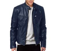 Oanviso Lederjacke Herren Einfarbig Kunstleder Jacken Langarm Frühling PU-Leder Jacke mit Stehkragen Freizeitjacke Motorrad Mode A Blau M