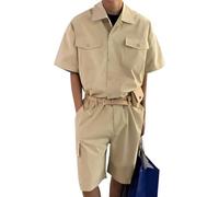 Oanviso Overalls Einteiliges Herren Strampler Sommer Jumpsuit Knopf Cargo Overall Hosen Kurz Mode Casual Jumpsuit Kurzarm One-piece Schlafanzug Baumwolle Onesie Jogginganzug B Khaki XL