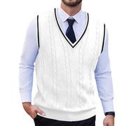 Oanviso Pullunder Herren Ärmellos Slim Fit Grobstrick Pullover V Ausschnitt Warmer Winter Strickpullover Gestreift Gestrickt Pulli Zopfmuster Strickweste Vintage Strick Tank Top Weste Weiß 3XL