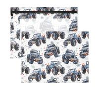 Oarencol Federmäppchen für 3-Ringbuch, Aquarell-Monster-Truck, Auto, 2 Stück, großes Federmäppchen mit Reißverschluss und Ösen, transparente Bindertasche, Schul- und Bürobedarf