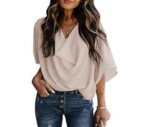 OARTO Frauen Drapierte Chiffon-Bluse mit Wasserfallkragen, Fledermausärmel, lässiges lockeres Hemd-Top, beige, 42-44