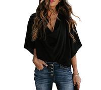 OARTO Frauen Drapierte Chiffon-Bluse mit Wasserfallkragen, Fledermausärmel, lässiges lockeres Hemd-Top, Schwarz , 40-42