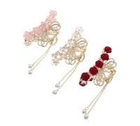 OATIPHO 3 Stück Rosenblumen Haarspangen mit Quasten Rutschfeste Krallenclips Farblich Sortiert Weiß Rosa Rot Modische Haarschleifen für Damen Mädchen Haar Accessoires für