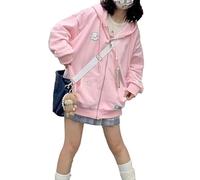 OATSBAS Kawaii Kapuzenpullover mit Reißverschluss für Damen, niedliche Cartoon-Stickerei, übergroßer Pullover, Sweatshirt, Harajuku, Kawaii, Kapuzenoberteil, Pink-dick, XL