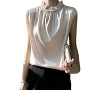 OATTIS Women's Ruffle High Neck Satin Sleeveless Blouse, Pleated Silk Look Tank Top
