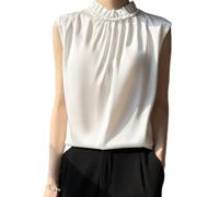 OATTIS Women's Ruffle High Neck Satin Sleeveless Blouse, Pleated Silk Look Tank Top