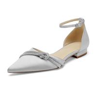 OAUSZC Damen Flache Hochzeitsschuhe Riemen Ballerinas Satin Spitze Zehen Party Brautschuhe,Silber,43 EU