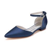 OAUSZC Marine,41 EU, Flache Brautschuhe Satin Damen Knöchelriemen Ballerinas Spitze Zehen Hochzeits Abendschuhe 9107-09