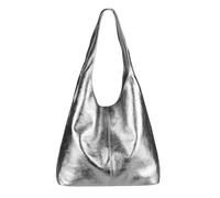 OBC Made IN Italy Damen Leder Hand-Tasche METALLIC Shopper Schultertasche Hobo-Bag Henkeltasche Beuteltasche Silber (Anthrazit-Metallic)