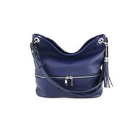 OBC Made in Italy Damen Leder Tasche Cross Body Schultertasche City Bag Crossover Umhängetasche Henkeltasche Shopper Ledertasche Damentasche Fransen (Dunkelblau 34x27x13 cm)