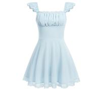 OBEEII Damen-Minikleid mit quadratischem Ausschnitt, Spitze, fließend, A-Linie, Rüschen, Swing, lässig, Sommer, kurzes Kleid, Party, Abschlusskleid, Hell, blau, X-Klein