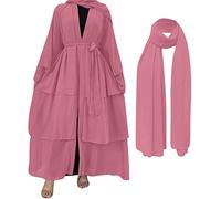 OBEEII Frauen Muslimische Arabischer Islamischer Kaftan Kleid in Voller Länge Arabisches Islamisches Gewand aus dem Nahen Osten Strickjacke Kleid + Hijab Muslimische Kleidung Purpur Rosa M