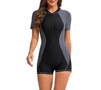OBEEII Kurzarm Einteiler Badeanzug mit Beinen Damen Reißverschluss Rashguard Kontrastfarbe Surf Neoprenanzug Bauchweg Bademode Bescheiden Schwimmanzug Grau M
