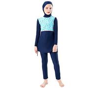 OBEEII Mädchen Einteilige Bademode Kinder Bademode Islamische Schwimmanzug Badeanzug Burkini Muslim Swimwear Burkini Badeanzug Kinder Muslimische Badeanzug Schwimmanzug Blau (mit Kapuze) 9-10 Jahre
