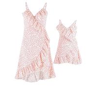 OBEEII Mtter und Tochter Sommerkleid Kurzarm Familie Blumenmuster MiniKleid Strandkleid Partykleid Mama und Ich Kleidung Set Rosa02 S