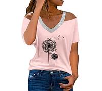 Oberteil Damen Sommer Kurzarm Shirt Sexy Schulterfreies Hemd Lässiger Pullover Pailletten Druck Bluse V Ausschnitt Neckholder Tunika Tops