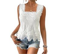 Oberteil Damen Sommer Quadrat Ausschnitt Spitze Häkeln Ärmellos Top Basic Baumwolle Damenmode Boho Unique Schick Apart Raffiniert Oberteil Weiß XL