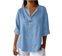 Oberteil mit 3/4-Ärmeln für Damen, Sommer, Baumwolle, Leinen, V-Ausschnitt, einfarbig, lässig, lockere Blusen, leichter Pullover, Tunika, Top, elegante Bluse, Boho-Tunika, Hellblau, 4XL