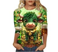 Oberteil mit 3/4-Ärmeln für Damen, übergroßes T-Shirt, Sommer-Tunika, St. Patrick's Day, T-Shirt, Kleeblatt-Grün, Rundhalsausschnitt, weite T-Shirts, Fitnessstudio-Tops, lockere Freizeitblusen, V Gold