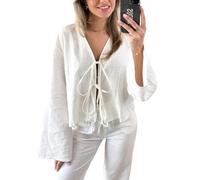 Oberteil mit Fliege vorne für Damen, lässig, Schnürung, Schleife, V-Ausschnitt, lange ausgestellte Ärmel, Blusen, Weiss/opulenter Garten, X-Groß