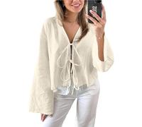 Oberteil mit Fliege vorne für Damen, V-Ausschnitt, Leinen, Schnürhemden, lässig, Lange ausgestellte Ärmel, Bluse, Sommer, Ausgehen, Beige, X-Groß