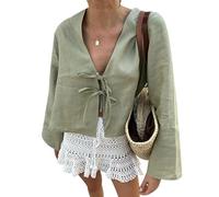 Oberteil mit Fliege vorne für Damen, V-Ausschnitt, Leinen, Schnürhemden, lässig, Lange ausgestellte Ärmel, Bluse, Sommer, Ausgehen, Grün, Groß