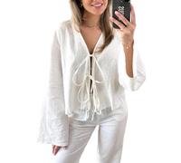 Oberteil mit Fliege vorne für Damen, V-Ausschnitt, Leinen, Schnürhemden, lässig, Lange ausgestellte Ärmel, Bluse, Sommer, Ausgehen, Weiss/opulenter Garten, Mittel