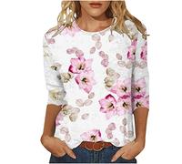 Oberteile Damen 3/4 Ärmel Bluse Lustige Blumendruck Tshirt Tunika 2023 Shirt Sommer Pullover Tops mit O-Ausschnitt Longbluse Teenager Mädchen T-Shirt Locker Blusentops Sportbekleidung für Outdoor