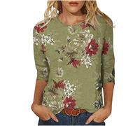 Oberteile Damen 3/4 Arm Bluse Elegant Blumendruck Tunika 2023 Shirt Sommer Tshirt Pullover mit Rundhalsausschnitthals Tops Longbluse Teenager Mädchen T-Shirt Locker Blusentops Laufshirt für Frauen