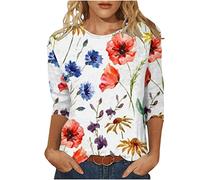 Oberteile Damen 3/4 Arm Bluse Lässig Blumendruck Tunika 2023 Shirt Sommer Tshirt Pullover mit O-Ausschnitt Tee Tops Longbluse Teenager Mädchen T-Shirt Locker Blusentops Streetwear für Frauen