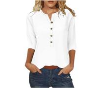 Oberteile Damen Casual Sport T-Shirt 3/4 Arm Bluse Tops Lässige Baumwolle Sommershirt Knopfleiste V-Ausschnitt Mode Drucken Tunika Longshirt Leicht Elegant Langarmshirt Weich Bequem Sportshirt 2024