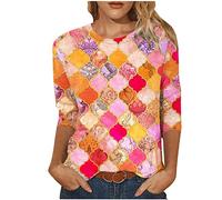 Oberteile Damen Dreiviertelärmel Bluse Mode Farbblock Patchwork Tunika Shirt 2023 Sommer Tshirt Pullover mit Rundhalsausschnitthals Tops Longbluse Teenager Mädchen T-Shirt Locker Blusentops Beachwear