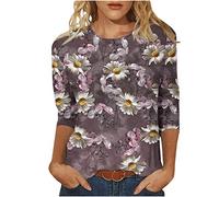 Oberteile Damen Elegant 3/4 Arm Bluse Blumendruck Tshirt 2023 Tunika Shirt Sommer Pullover mit Rundhalsausschnitthals Tops Longbluse Dünne T Shirts Lose Bequeme Blusentops Beachwear für Geschenk