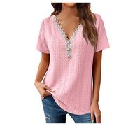 Oberteile Damen Elegant Bluse Mit Gummizug Am Saum Damen Crop Shirt Damen Elegant Spitze Patchwork Gestreiftes Drucken Einfarbig V-Ausschnitt Kurzarm Shirt Bluse Sommer Damen (Rosa, S)