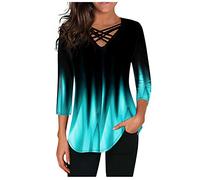 Oberteile Damen Elegant Langarmshirt Pullover Sexy V-Ausschnitt Kreuz Bandgae Oberteile Langarm T Shirt Große Größen Gradient Farbig Lockere Lässiges Longshirt Tunika Top Blusen & Tuniken für Frauen