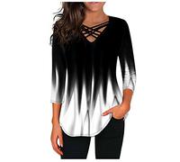 Oberteile Damen Elegant Langarmshirt Pullover Sexy V-Ausschnitt Kreuz Bandgae Oberteile Langarm T Shirt Große Größen Gradient Farbig Lockere Lässiges Longshirt Tunika Top Blusen & Tuniken für Frauen