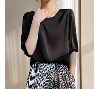 Oberteile Damen,Elegante Damen-Seidenoberteile Rundhalsausschnitt Sommerhemden Mittellange Ärmel Elegante Bluse Satin-Tunika-Oberteile Sexy Basic-Cami-Tops Dünne Tanktops T-Shirts Für Mädchen Und Fr