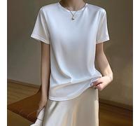 Oberteile Damen,Elegante Seidenoberteile T-Shirt Rundhalsausschnitt Sommerhemden Kurzarm Satin Tunika Tops Weste Cami Bluse Sexy Basic Tops Dünne T-Shirts Tanktops Bluse Für Mädchen Frauen,Weiß,L