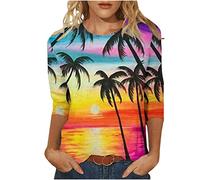 Oberteile Damen Hawaii Tunika 3/4 Arm Bluse Urlaub Kokosnussbaum Druck Tshirt 2023 Shirt Sommer Rundhals Pullover Party Tee Tops Longbluse T-Shirt Lose Bequeme Blusentops Beachwear für Outdoor