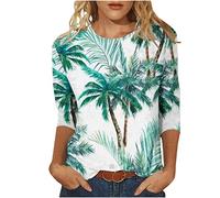 Oberteile Damen Hawaii Tunika 3/4 Arm Bluse Urlaub Kokosnussbaum Druck Tshirt 2023 Shirt Sommer Rundhals Pullover Party Tee Tops Longbluse T-Shirt Lose Bequeme Blusentops Beachwear für Outdoor