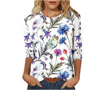 Oberteile Damen Lässige 3/4 Ärmel Tshirt Rundhals Bluse Blumendruck Shirt Sommer Tunika Tops Pullover Party Longbluse Bequeme Teenager Mädchen T-Shirt Locker Blusentops Sportbekleidung für Outdoor