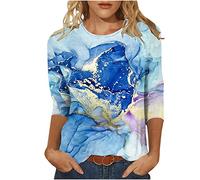 Oberteile Damen Mode Marmordruck Tunika 3/4 Ärmel Tshirt Rundhals Bluse Basic Shirt Sommer Tops Longbluse Pullover Teenager Mädchen Bequeme T-Shirt Locker T Shirts Blusentops Laufshirt für Frauen