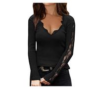 Oberteile Damen Schwarz Sexy Schulterfreie Mit Spitze T Shirt Langarm Langarmshirt V Ausschnitt FrüHling Glitzer Druck Bluse Pailletten Hemd Tunika Blusen Sweatshirt Pullover Streetwear Tops