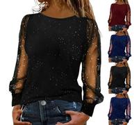 Oberteile Damen Sexy Elegant Party: Durchsichtige Bluse Schwarz Langarm Festliche-Blusen Große Größen Wickelbluse Glitzer-Shirt Tunika Pailletten-Oberteil Silvester Outfit Damenbluse Langarmshirt
