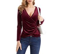 Oberteile Damen Sexy Langarm Tiefer V-Ausschnitt Wickel T Shirt Samt Seidentop Bluse Comfort Fit Langarmshirt Pullover Hemden Blusenshirt T-Shirt Oberteil für Frauen Party Club Alltag Festlich